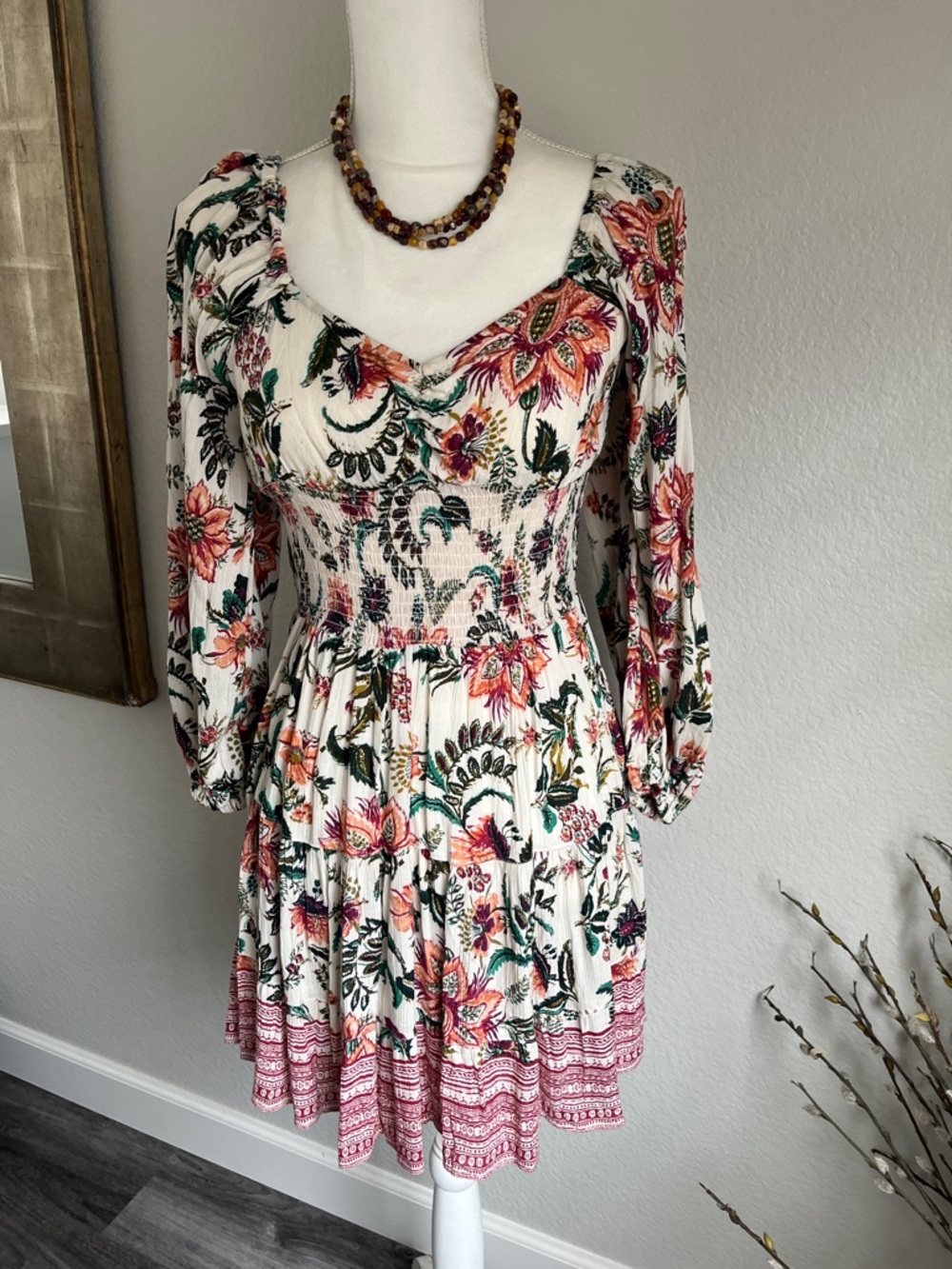 Angie Floral Tiered Long-Sleeve Mini Dress in Ivory, Pink and Green